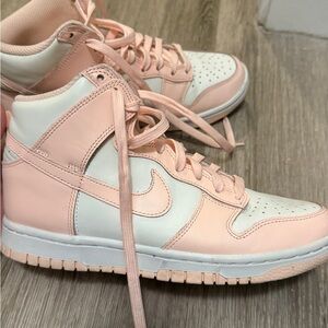 Pink and white high top women’s size 7 Nike dunks